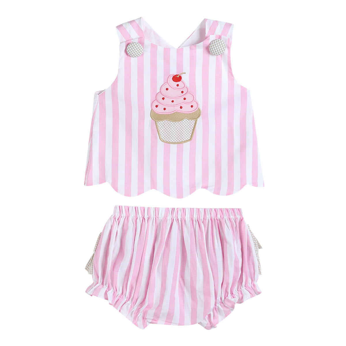 Pink Stripe Cupcake Appliqué Top & Bloomer Set