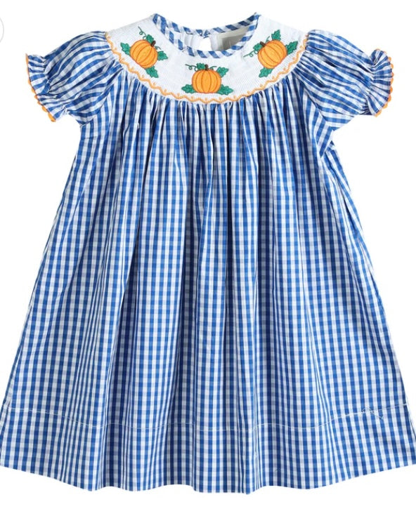 Blue Gingham Pumpkin Smocked Dress