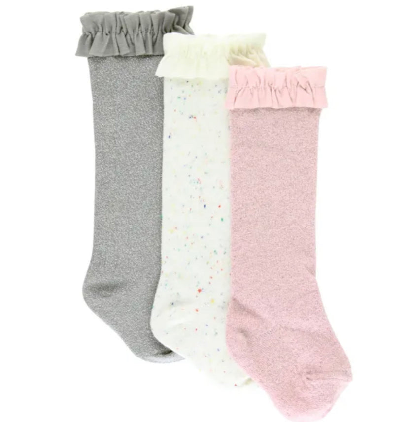 3 pack Confetti, Gray, Pink Sparkle Knee High Socks