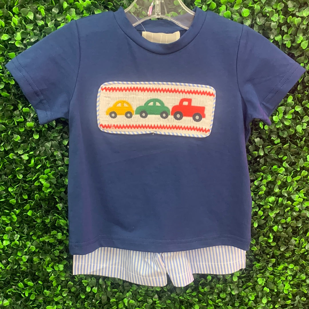 Blue Car Smocked Shirt and Shorts Set