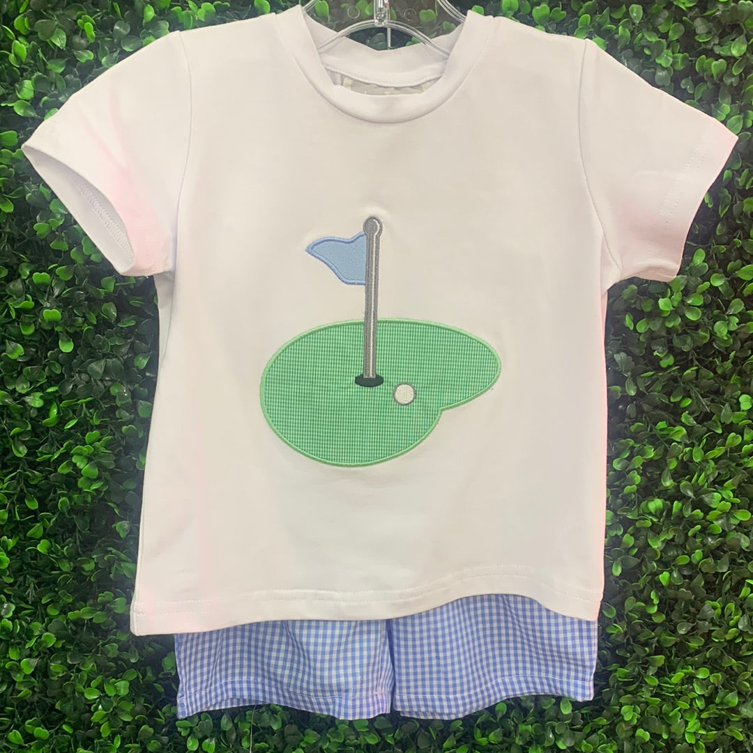 Blue Gingham Golf Shirt with Shorts Set