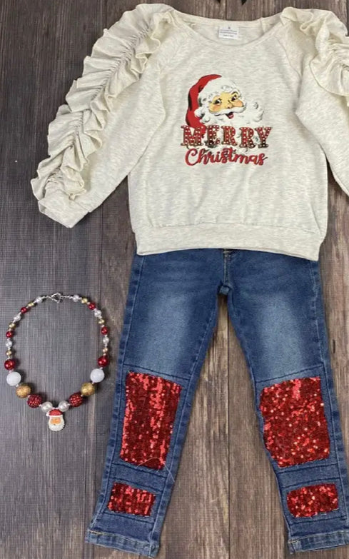 Merry Christmas and Red Sequin Patch Denim Set