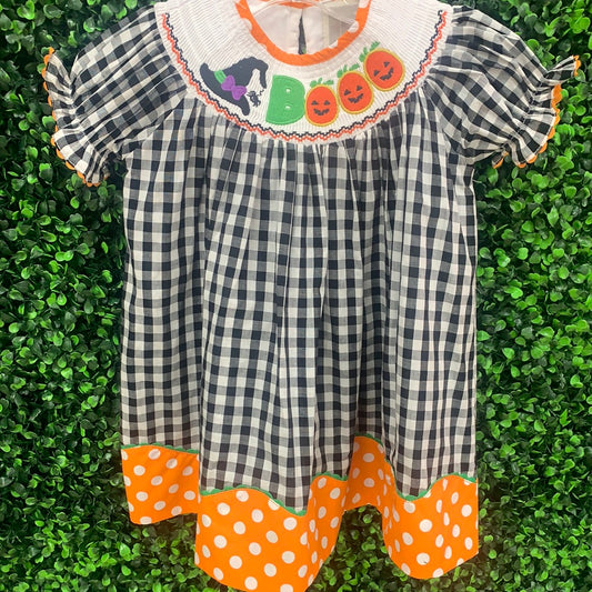 Black and Orange Gingham Booo Smocked Dress